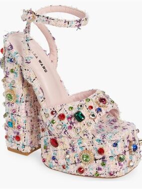 AZALEA WANG HYACINTH TWEED EMBELLISHED PLATFORM SANDALS NWOT
